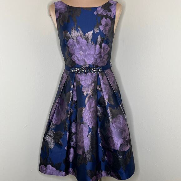 Eliza J Jacquard Dress w Pockets 4 Fit & Flare Metallic A-Line Pleated Belted - Picture 1 of 9